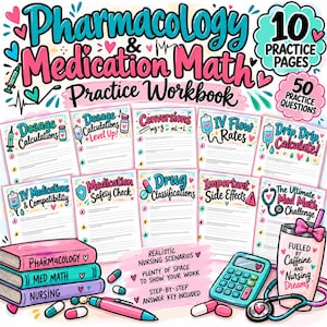 Peut inclure: Un cahier d'exercices de pharmacologie et de calcul de médicaments avec 10 pages et 50 questions. La couverture présente des titres colorés, des icônes médicales, trois livres empilés, une calculatrice, un stylo et un stéthoscope.