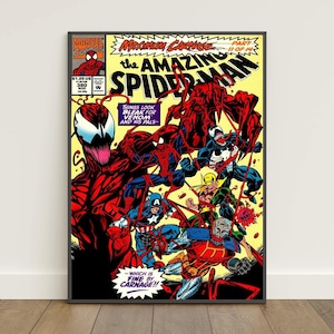 Op de afbeelding: Een ingelijste stripboekcover van The Amazing Spider-Man nummer 380, getiteld Maximum Carnage Part 11 of 14. De cover met gele achtergrond toont Spider-Man, Venom, Carnage, Captain America, Iron Fist en Deathlok in een gevechtsscène.