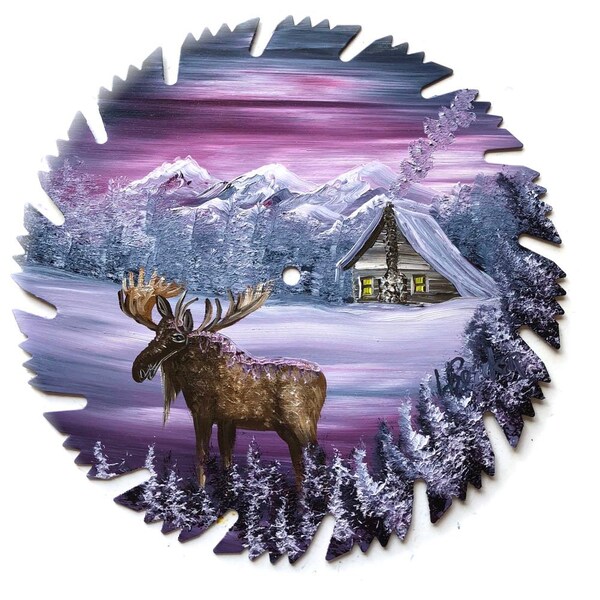 Hand Painted Saw Blade  Mauve Winter Log Cabin and Moose