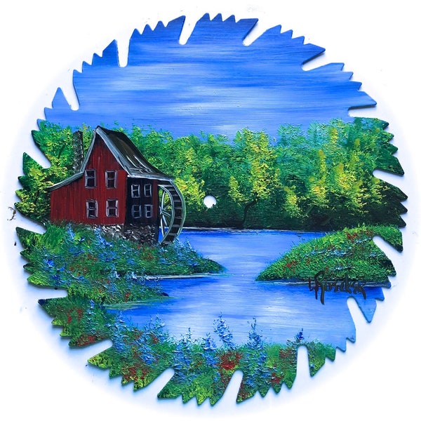 Hand Painted Saw Blade Mountain Summer Red Grist Mill Water Wheel