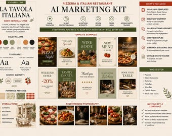 Italian Restaurant Marketing Kit, Pizzeria Social Media Templates, AI Content Calendar, Restaurant Canva Posts, Review Reply, Promo Tracker