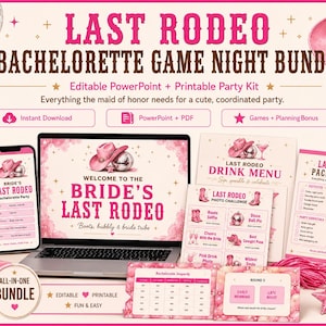 Può includere: Un pacchetto di giochi per addio al nubilato rosa e bianco con il testo "Last Rodeo". Il pacchetto include un laptop, un telefono e materiali stampati a tema cowboy. L'immagine presenta anche un paio di stivali da cowboy rosa e palle da discoteca.