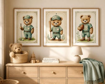Vintage Teddy Bear Sports Nursery Wall Art Set, Printable Baby Boy Room Decor, Golf Baseball Football Soccer Tennis Prints