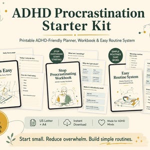 Può includere: Kit di avviamento alla procrastinazione ADHD con un pianificatore stampabile, un quaderno di lavoro e un sistema di routine. Il kit include pagine bonus ed è progettato per aiutare a ridurre l'eccessivo carico di lavoro. Il testo sulla copertina dice "Focus Easy" e "Stop Procrastinating Workbook."