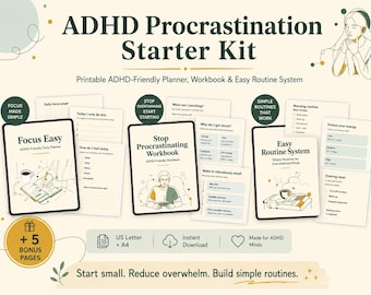 ADHD Planner Printable, Procrastination Starter Kit, Brain Dump Workbook, Routine Planner PDF, Digital Download