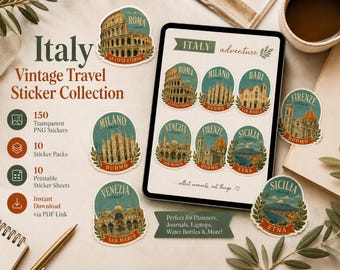 Italy Vintage Travel Stickers, 150 Digital PNG Stickers, Italian Landmark Planner Stickers, GoodNotes, Journal, Scrapbook, Printable Sheets