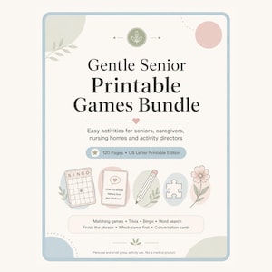 Può includere: Un pacchetto di giochi stampabili per anziani, in blu chiaro e bianco. La copertina recita "Gentle Senior Printable Games Bundle" e include illustrazioni di una cartella bingo, una matita e un pezzo di puzzle. Contiene 120 pagine.