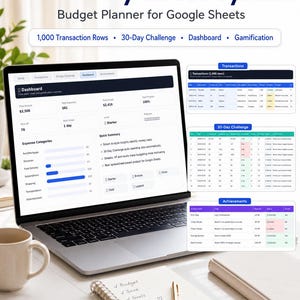 Può includere: Un laptop che mostra il budget planner "AI Money Reset System" per Google Sheets. L'immagine include una tazza da caffè, un taccuino con scritto "Budget, Save, Goals, Freedom" e una penna. Il testo "Instant Digital Download" è visibile.
