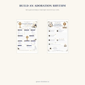 May include: Two white paper sheets titled BUILD AN ADORATION RHYTHM. The left sheet is a Eucharistic Adoration Visit Tracker with gold monstrance illustrations and floral accents. The right sheet is a Eucharistic Adoration Journal with lined sections.