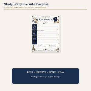 Puede incluir: Una hoja de trabajo de estudio bíblico SOAP con un diseño estructurado para escritura, observación, aplicación y oración. La página incluye ilustraciones florales, un icono de Biblia y encabezados. Arriba dice Study Scripture with Purpose.