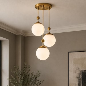 Brass Globe Chandelier | 3 Light Staggered Pendant | Mid-Century Ceiling Fixture