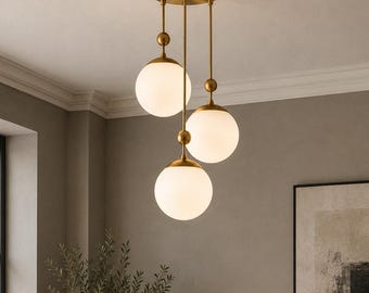 Brass Globe Chandelier | 3 Light Staggered Pendant | Mid-Century Ceiling Fixture