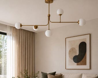 Messing Spoetnik-kroonluchter | Hanglamp met 5 bollen | Plafondarmatuur uit het midden van de eeuw