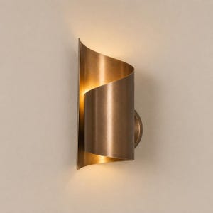 Curved Brass Wall Sconce | Sculptural Scroll Shade | Mid-Century Indirect Wall Lamp