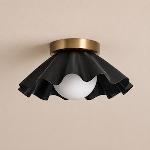 Black Ruffle Flush Mount | Brass Canopy Globe | Mid-Century Flower Ceiling Light