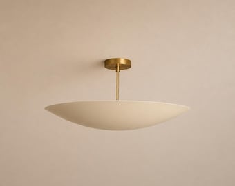 Brass Dome Chandelier | 6 Light Cream Shade | Mid-Century Modern Ceiling Light Fixture