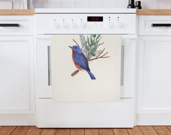 Bluebird Illustration Baumwolle Geschirrtuch | Aquarell Vogel, botanischer Zweig