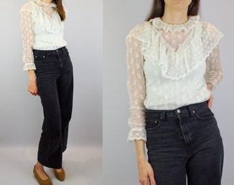 1970s Vintage Boho White Lace Sheer Blouse