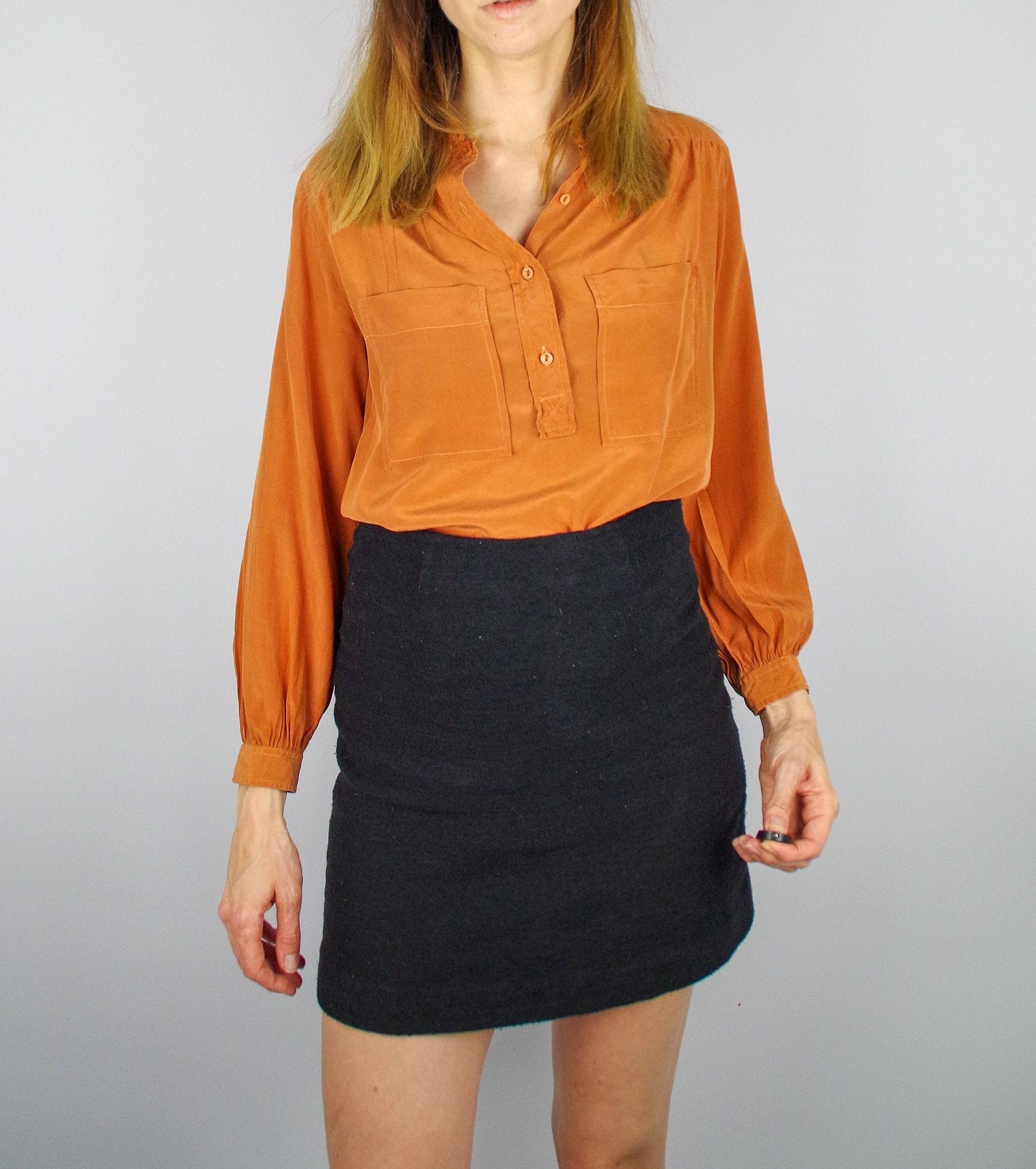 1970s Burnt Orange Silk Blouse / Ladies 
