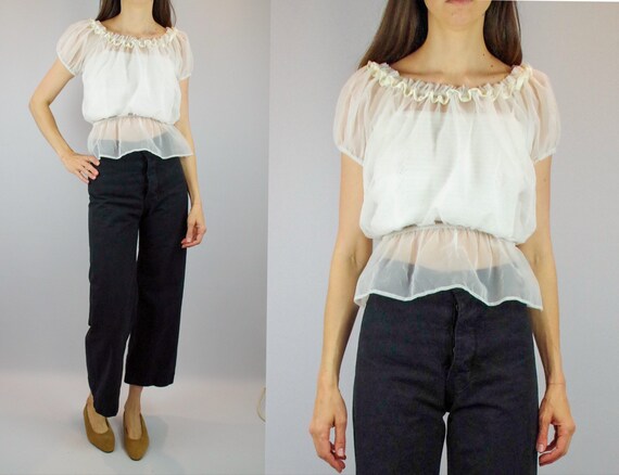 Sheer white 1970s off shoulder blouse / vintage ga