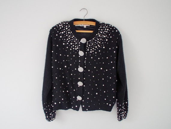 Vintage 1980s Angora cardigan / black knitted silk