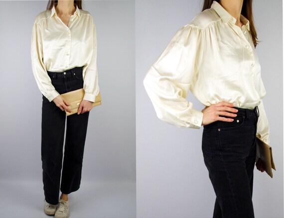 Vintage cream satin blouse / 1980s silky gathered