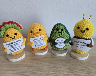 Positive Crochet Foods and Animals Crochet/Knitted Motivational Bee Duck Avocado Taco Emotional Support Gift with Stand/Base