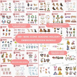 Puede incluir: Una colección digital de diseños de bordado que incluye más de 300 mini iconos, temas estacionales, motivos festivos y gráficos de personajes. El diseño de cuadrícula muestra varios patrones coloridos, incluidos diseños patrióticos, de Halloween, náuticos y de dibujos animados.