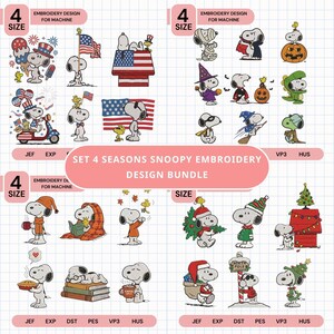 May include: A digital embroidery design bundle titled SET 4 SEASONS SNOOPY EMBROIDERY DESIGN BUNDLE featuring various Snoopy illustrations organised by season, including patriotic, Halloween, autumn, and Christmas themes on a grid background.