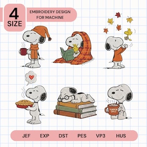 Könnte beinhalten: Sechs Stickmotive für Maschinen mit Snoopy in herbstlichen Szenen. Die Motive zeigen Snoopy mit einer Tasse, lesend unter einer Decke, spielend mit Blättern, einen Kuchen haltend, auf Büchern schlafend und mit einem Pumpkin Spice Becher. Text: 4 SIZE.