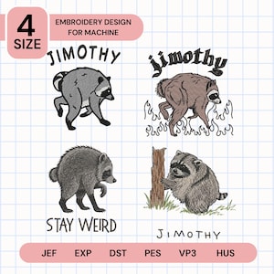 Set 4 Jimothy Raccoon Viral Embroidery Design, Famous Seattle Raccoon Embroidery Design, Short King Jimothy, Cute Trash Panda Raccoon Design