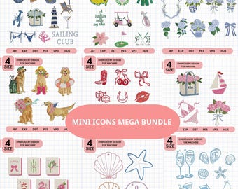 Set 9 Bundle Mini Icons Embroidery Designs, Summer Cocktail Sea Animal Sport Embroidery File, 4th of July Rodeo Texas File, Instant Download