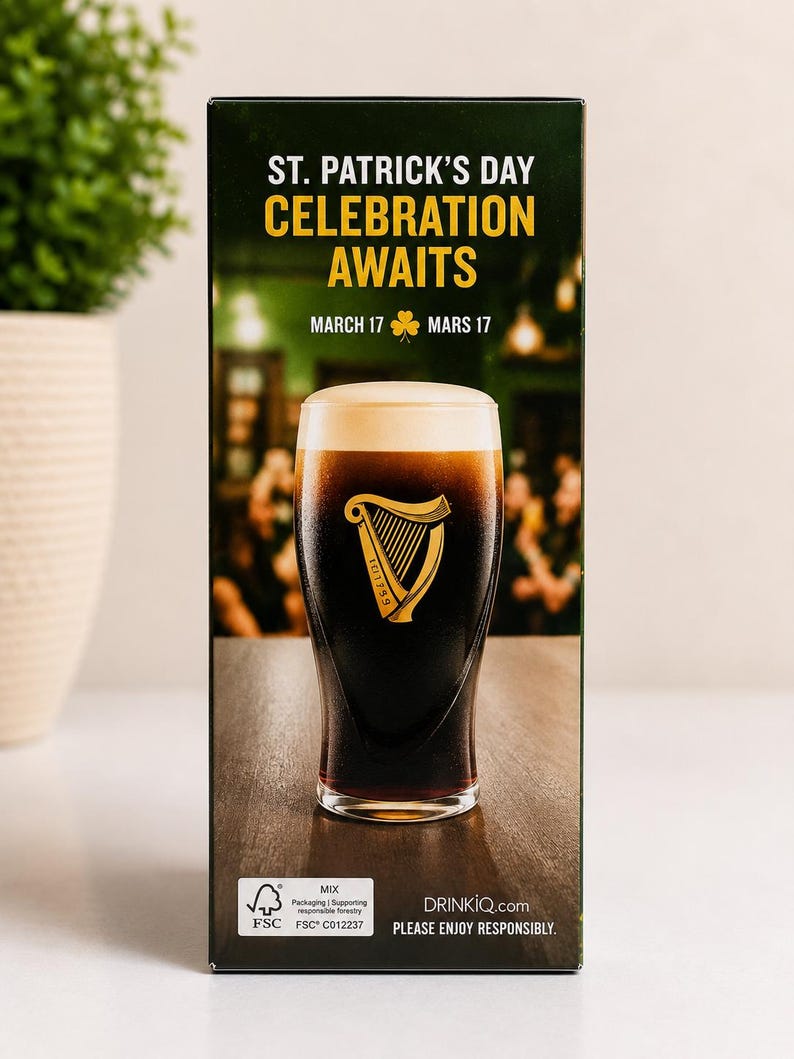 May include: A St. Patrick's Day themed box featuring a pint of dark stout with a foamy head. The box has text that reads "ST. PATRICK'S DAY CELEBRATION AWAITS" and "MARCH 17". The Guinness harp logo is visible.