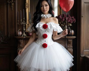 Gothic Clown Costume Dress, Horror Circus Cosplay, Tulle Skirt, Ruffled Neckline