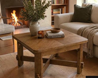Farmhouse Solid Wood Coffee Table | 31.5" Square Rustic Cocktail Table with X Base and Natural Wood Grain