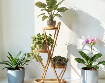 3-våningars bambu växtställ, rotting blomkruka hylla, bohemiskt inomhus utomhus displayställ