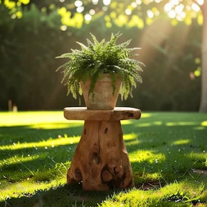May include: A lush green fern plant potted in a weathered, light brown terracotta pot. The pot rests on a natural, unfinished wooden stump stool with a thick, circular top and a textured, organic base featuring visible wood grain and knots.