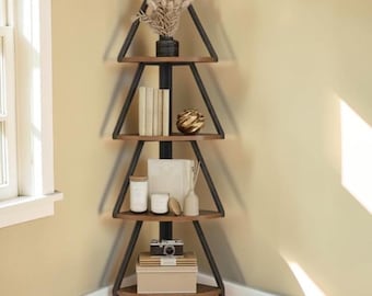 Baumform Eckregal Blumenständer 4 Tier - Rustikales industrielles Holz- und Metall-Bücherregal für kleine Räume Wohnkultur