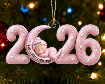 Gepersonaliseerd kerstornament voor de eerste kerst van je baby in 2026, acryl ornament met slapende baby op de maan, gepersonaliseerd aandenken met babynaam, kerstcadeau voor pasgeborenen