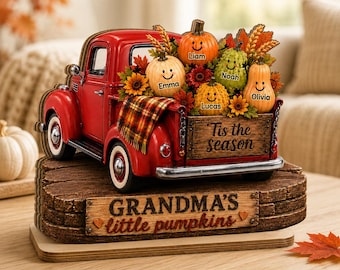 Oma's kleine pompoentjes pick-up truck - Gepersonaliseerde houten plaquette, gezellige herfstdecoratie voor oma, gepersonaliseerd herfstcadeau