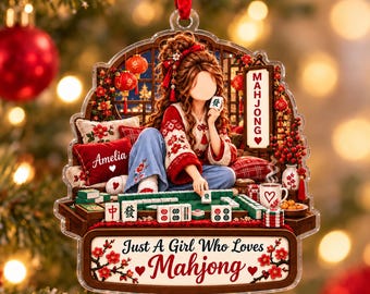 Gepersonaliseerd Mahjong-meisjesornament, cadeau met naam voor Mahjong-liefhebber, Mahjong-kerstornament, vrolijk Mahjong-kerstcadeau voor haar 2026