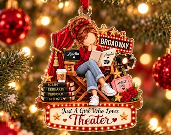 Gepersonaliseerd kerstornament voor een theatermeisje, cadeau met eigen naam voor een Broadway-voorstelling, cadeau voor een meisje dat van theater houdt, kerstcadeau voor de toneelclub, cadeau voor een theaterliefhebber