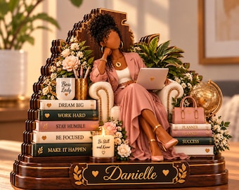 Gepersonaliseerde houten decoratie voor een zwarte zakenvrouw, bureaubordje met eigen naam, inspirerend kantoorcadeau, Afro-Amerikaanse ondernemer