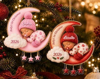 Baby's eerste kerst op de maan - Gepersonaliseerd acrylornament, acrylornament met maan en sterren en naam, aandenken voor pasgeborene 2026