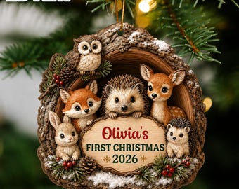 Personalisierter Waldweihnachtsschmuck für Babys erstes Weihnachtsfest, personalisierter Namensschmuck, Waldtier-Weihnachtserinnerung 2026, Geschenk zur Geburt