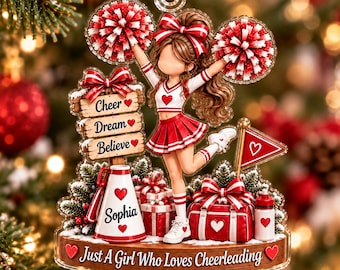 Gepersonaliseerd kerstornament voor cheerleaders, gepersonaliseerd cadeau met naam voor een meisje, speciaal voor een meisje dat van cheerleading houdt, aandenken aan het cheerteam.