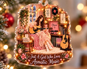 Personalized Acoustic Guitar Ornament, Just A Girl Who Loves Acoustic Music, Custom Name Guitarist Christmas Gift, Vinyl Lover Keepsake