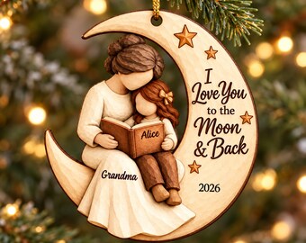 Grandma Grandkid Reading On Moon - Personalized Wooden Ornament - Christmas Gift For Grandkid, Grandson, Granddaughter