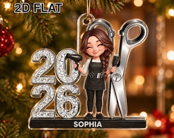 Kapper Man Vrouw - Gepersonaliseerd acryl ornament, gepersonaliseerd nummer 2026 met schaar en föhn, kerstcadeau voor kapper