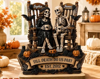 "Tot de dood ons scheidt"-bord, gepersonaliseerd houten plaatje met skeletpaar en schommelstoel, namen en oprichtingsjaar, Halloween- of jubileumcadeau
